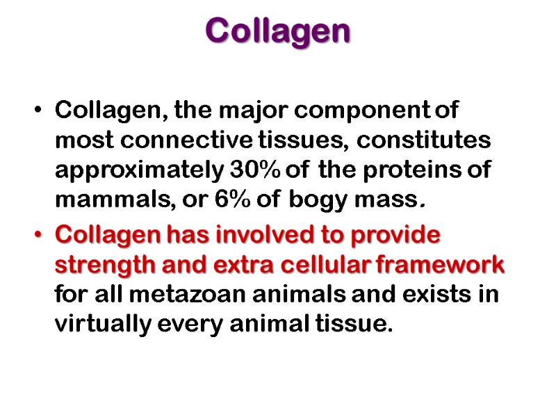 Collagen   Collagen, the major component of most connective tissues, constitutes approximately 30%